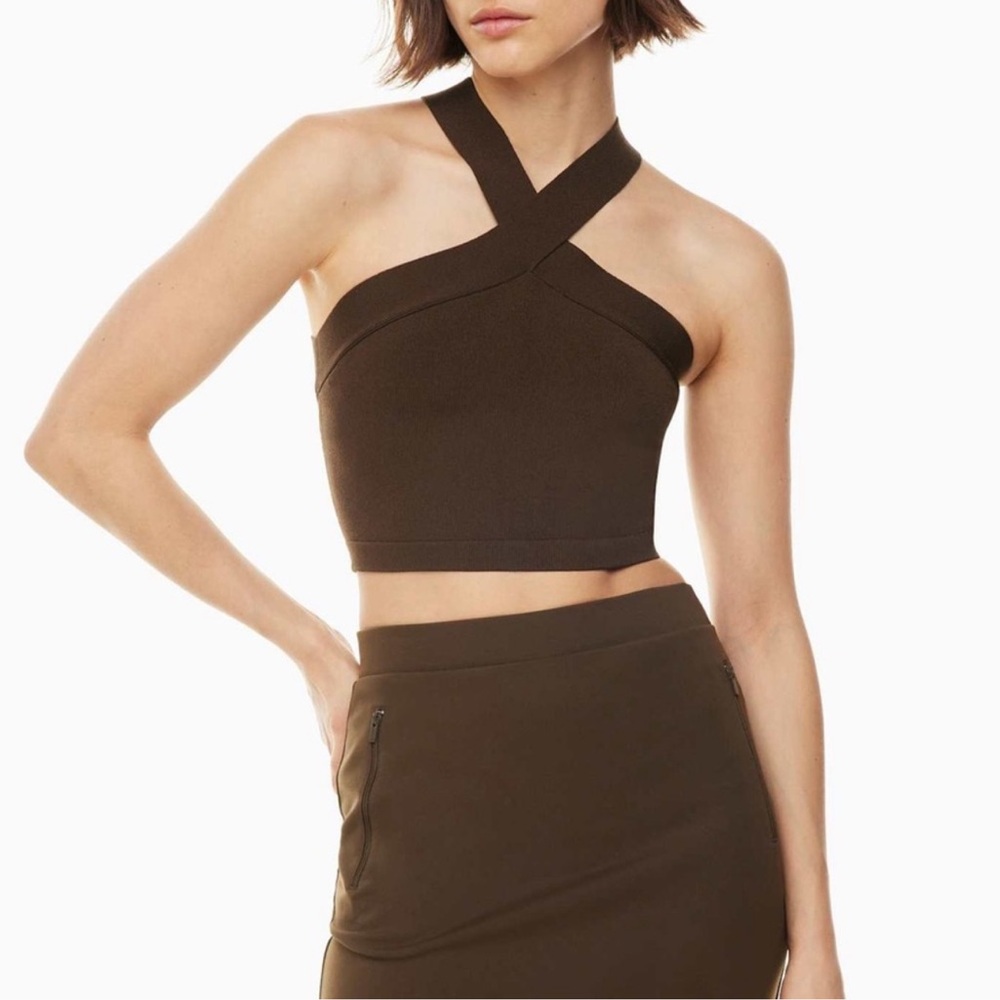 Babaton Sculpt Knit Criss Cross Cropped Chocolate Tank